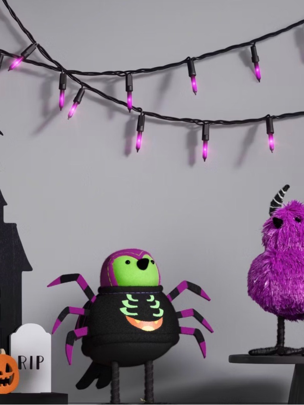 2 plush Halloween decorations bird spider monster